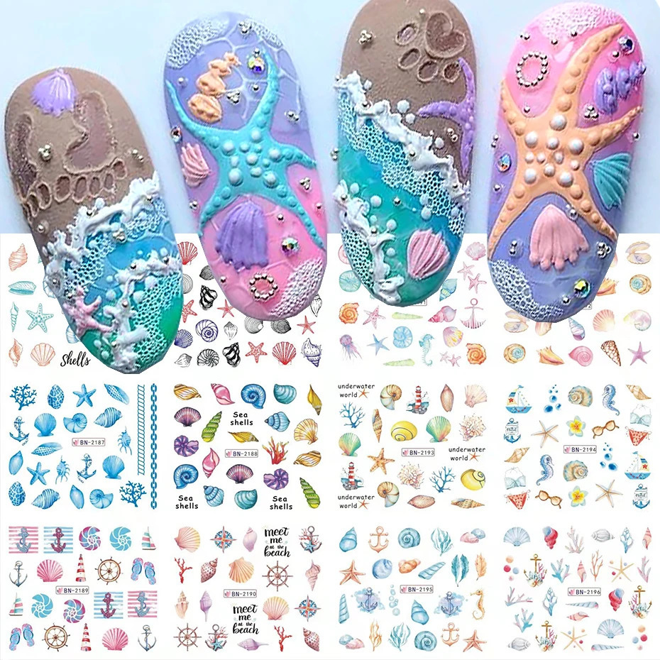 12 pieces of shell water transfer stickers for mermaid nails jellyfish seahorse sliders stickers mermaid DIY summer decoration 240625