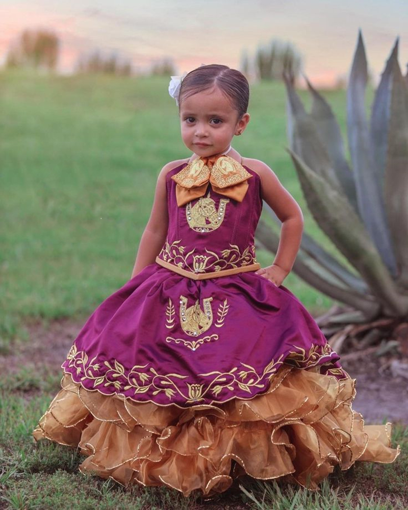 Cute Embroidery Flower Girls Dresses With Short Jacket Ruffle Tiered Ball Gown Prom Birthday Dress Floor Length Brown And Bungudy Toddler Kids Formal 