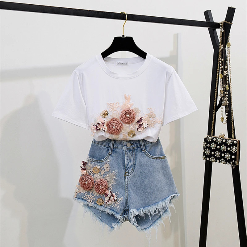 Fashion Cotton TShirt Tops Short Jeans 2 Pieces Sets Summer Womens Denim Pants Outfits 3D Flowers Beading Suits 240618