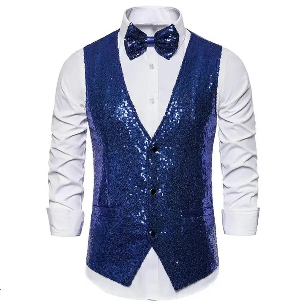 Men Sequin Waistcoat Sleeveless Slim Fit Shiny Blazer Vest Party Wedding Waistcoat Suit Vest Men Stage Performance Sequin Vest 240615