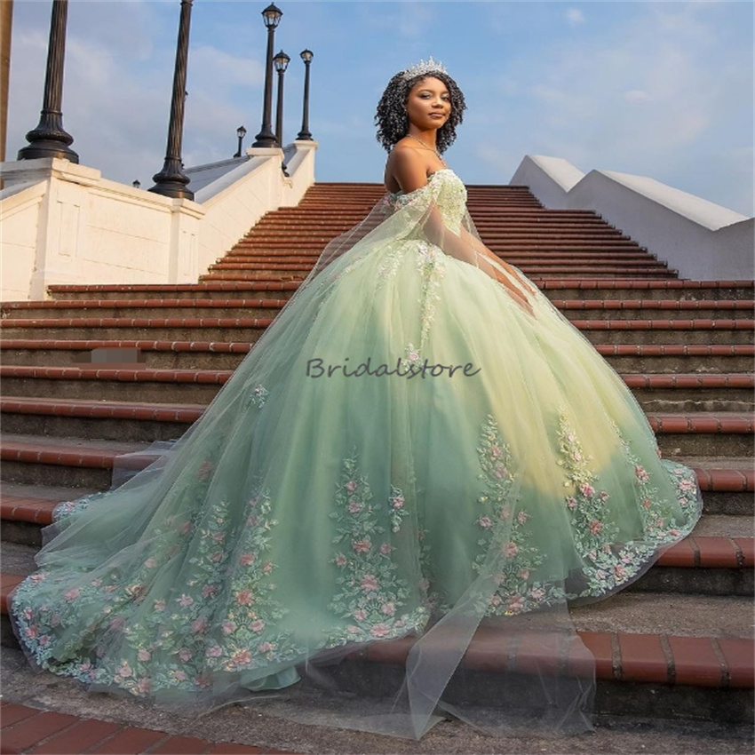 Mint Green Florals Vestidos De 15 Quinceanera Dresses Cape Sleeves Lace Up Vestido De Xv Sweet 16 Dress Fifteen Party Birthday Gown Charro Debutante P