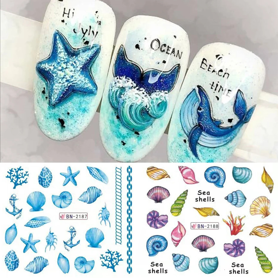 12 pieces of shell water transfer stickers for mermaid nails jellyfish seahorse sliders stickers mermaid DIY summer decoration 240625