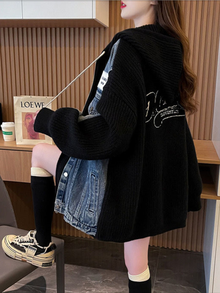 Denim Patchwork Hooded Sweater Women 2024 New Autumn Winter Korean Knitted Jacket Chic Jersey Cardigan Loose Clothes Outerwear H6.26#102
