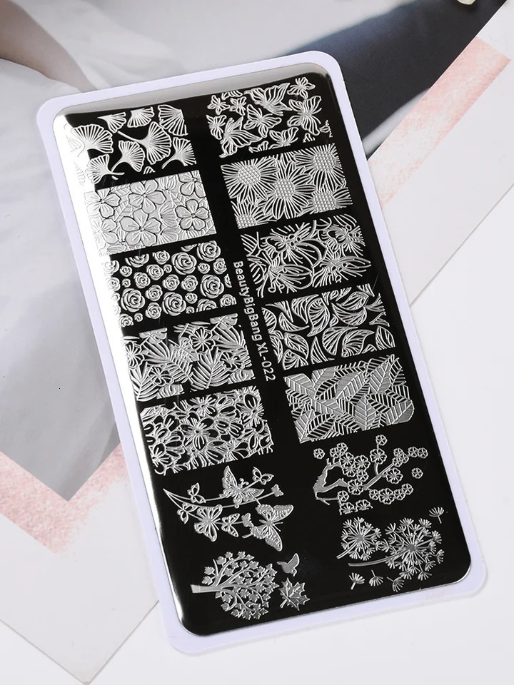 BeautyBigBang Flower Nail Art Stamping Board Butterfly Plant Leaves Stainless Steel Nail Stamping Template Handmade Tool 240625