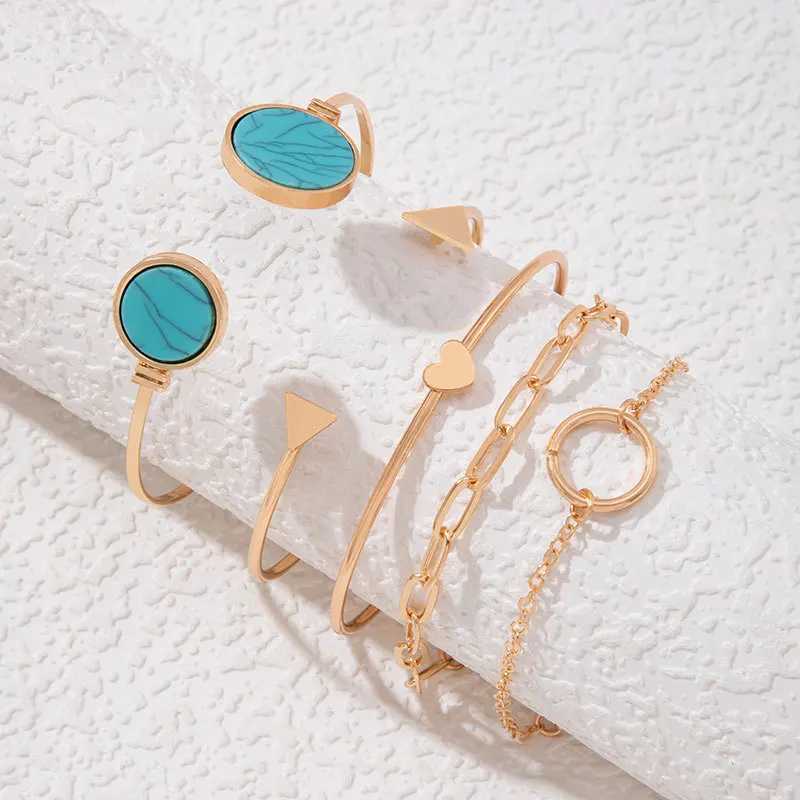 Bangle Trendy Geometric Link Chain Bracelet Set For Women Rhinestones Gold Color Triangle Heart Pendant Open Cuff Bangle Girls Jewelry