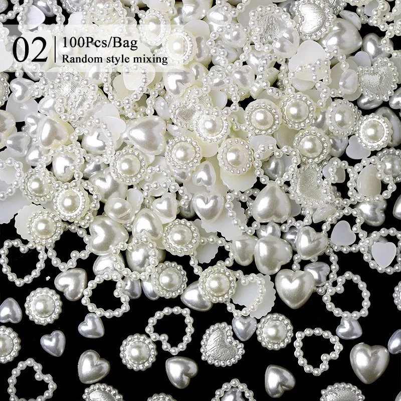 100 pieces/200 pieces mixed pearl nails Rhinestone 3D semi-circular pearl beads colored love star nails charming nail art DIY 240625