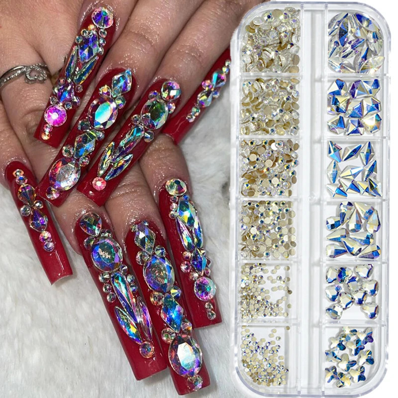 12 Grid/Box Crystal Nail Art Rhinestone Glass SS4-SS16 Nail Shining Tablet 3D DIY Nail Art Decoration 240625