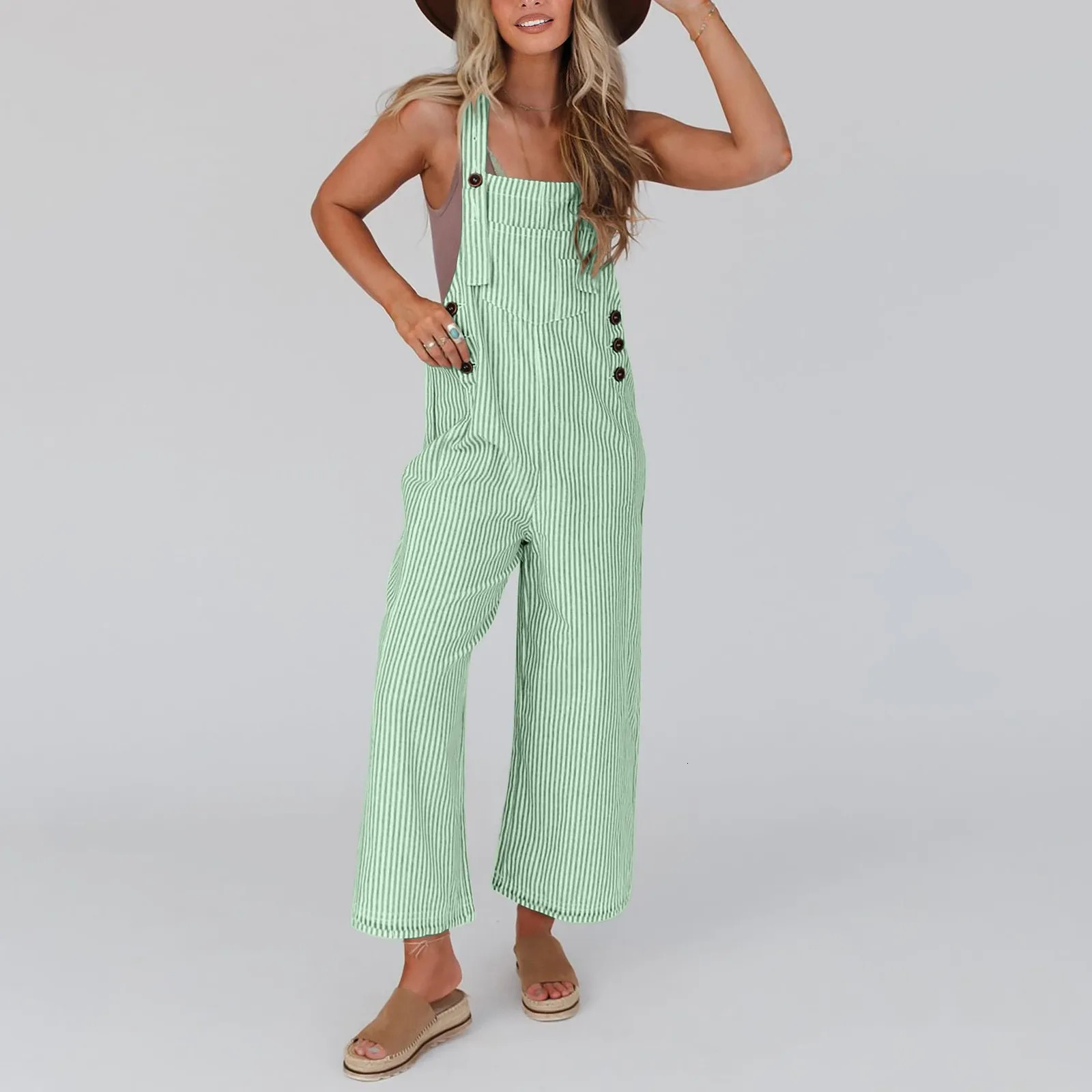 Fashion Women Girls Loose Stripe Jumpsuit Strap Dungaree Wide Leg Trousers Ladies Overall Pants Casual Playsuits Plus Size M-3xl 240626