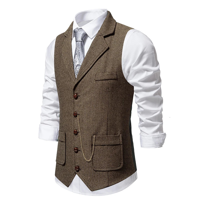 Mens Retro Lapel Chain Vest Fashion Herringbone Coarse Tweed Pockets Suit Vest British Casual Vintage Gentleman Leisure Party 240615
