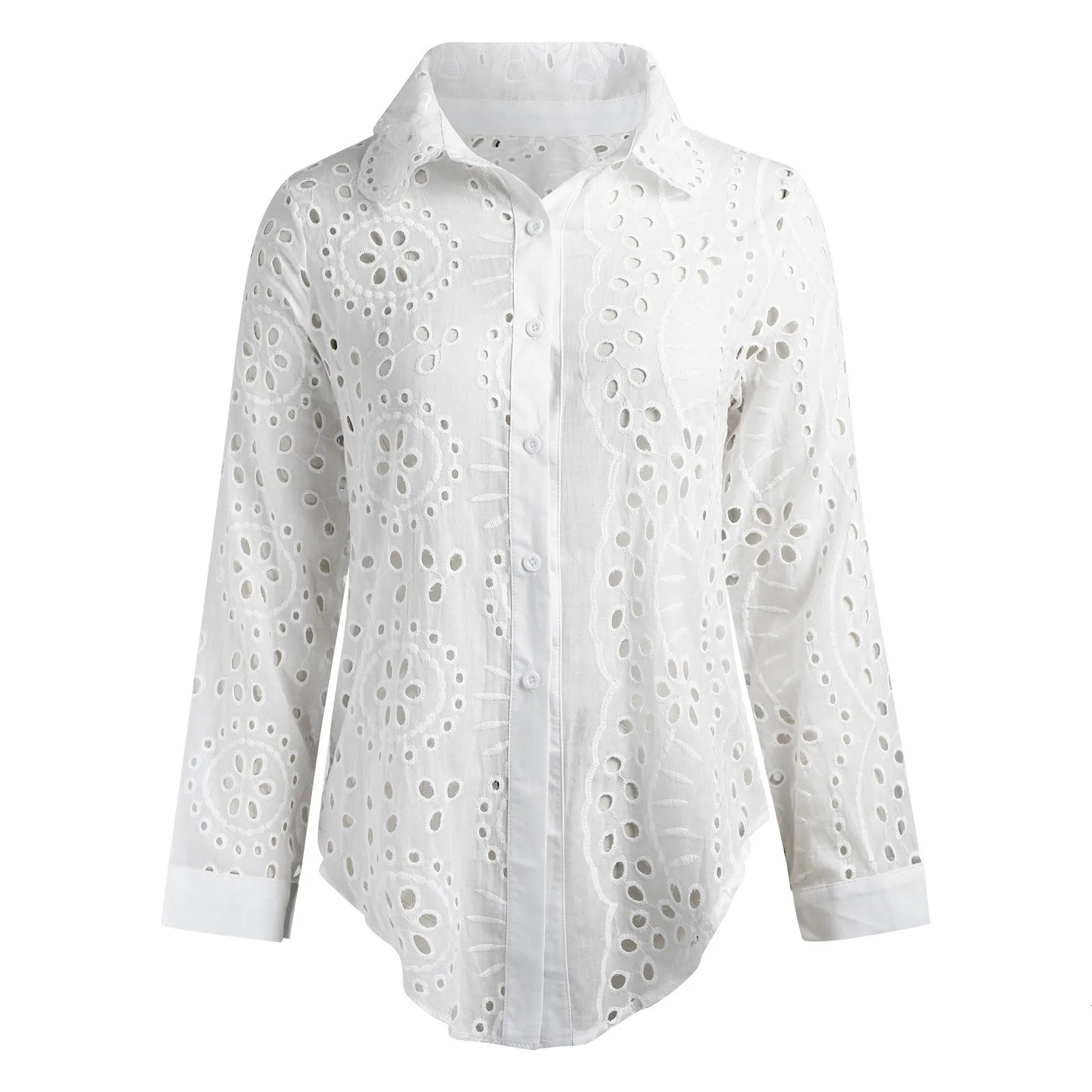Elegant Eyelet Embroidered White Shirts: Crochet Lace Blouse Hollow Out Loose Top for Women