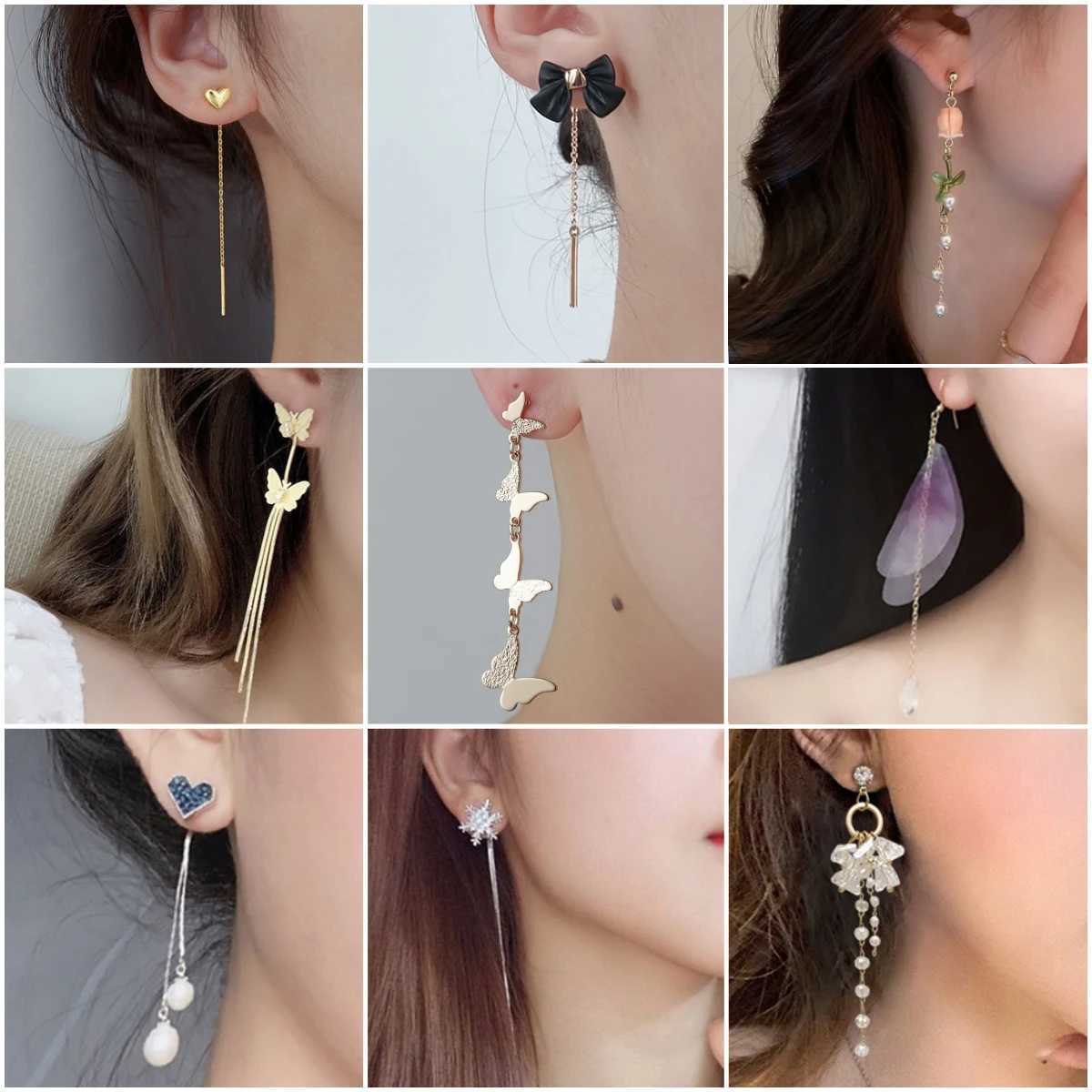 Charm New Fashion Long Drop Earrings for Women Flower Star Moon Heart Butterfly Wings Crystal Pearl Round Geometry Tassel Ear Jewelry