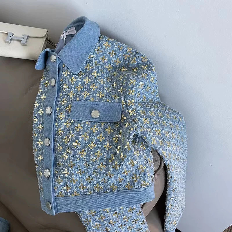 Korean 2 Piece Sets Womens Outfits Shiny Sequins Jean Coat Women Vintage Frayed Denim Jackets Patchwork Wide Leg Pant Sets 240618