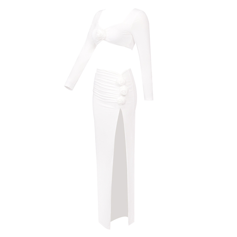 New floral design sexy trend hanging neck patchwork backless slit long skirt set