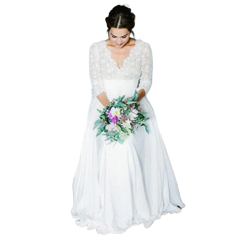 Simple Chiffon Boho Wedding Dresses 2024 Lace Top Deep V-neck 3/4 Sleeves Backless Beach Women Bridal Gowns Floor Lenth A-Line Vestidos de novia
