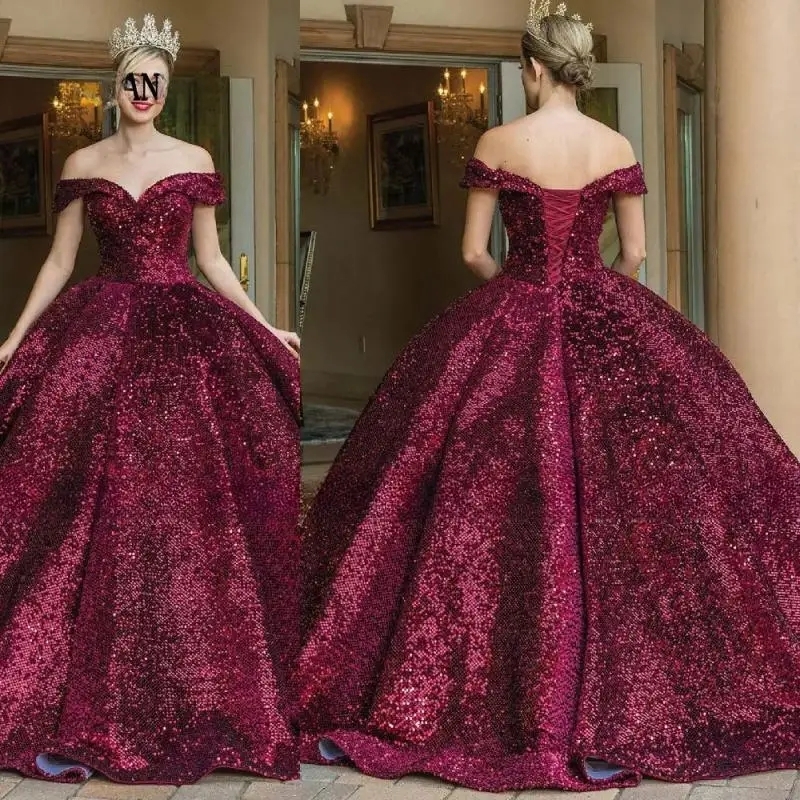 Luxury Quinceanera Dress V-Neck Sequin Off The Shoulder Party Birthday Dress 2025 Ball Gown Floor Length Sweep Train Lace Up Prom Dress
