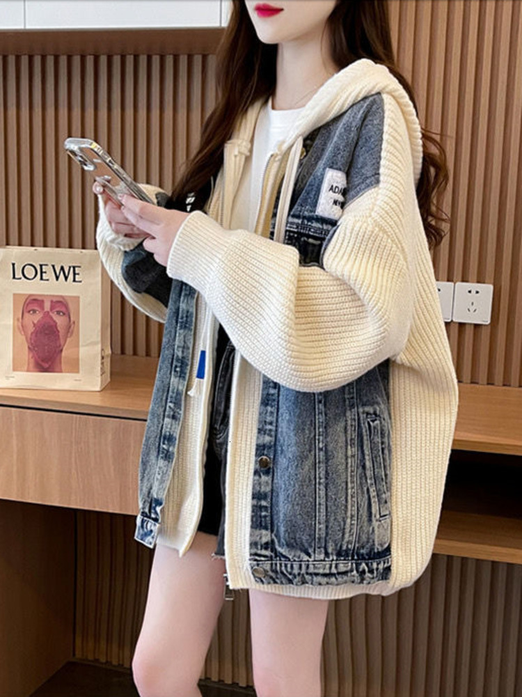 Denim Patchwork Hooded Sweater Women 2024 New Autumn Winter Korean Knitted Jacket Chic Jersey Cardigan Loose Clothes Outerwear H6.26#102