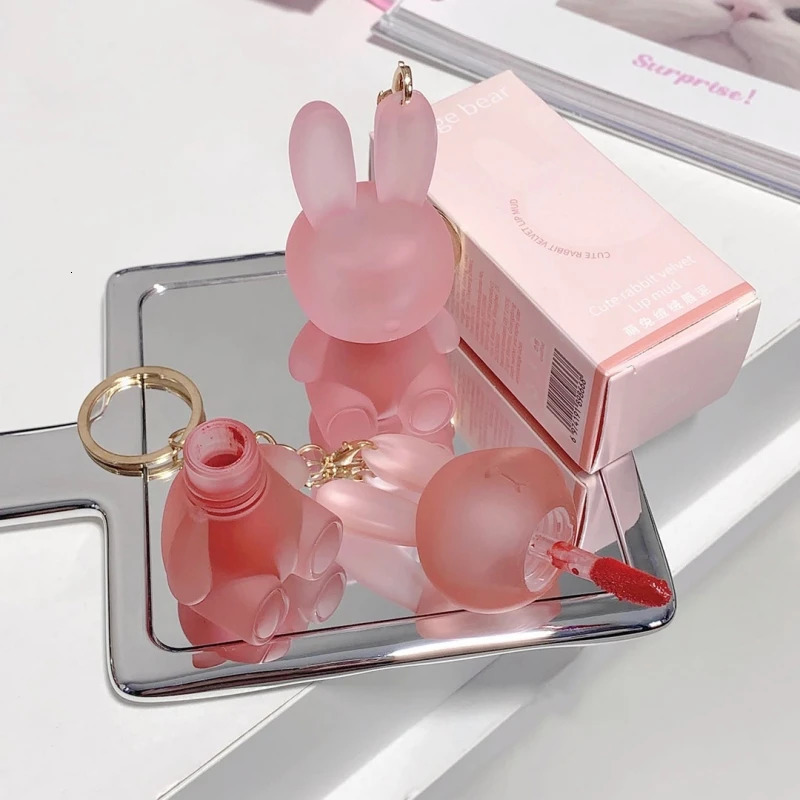 Cute Rabbit Velvet Lip Mud Keychain Matte Nude Lip Gloss Autumn Winter Non-stick Cup Lipstick Waterproof Lasting Cosmetics 240626
