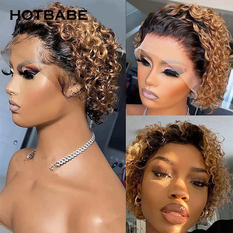 13x4 Lace Pixie Cut Wig Short Curly Bob Transparent Wigs For Women Honey Blonde Frontal Brazilian Preplucked 180%