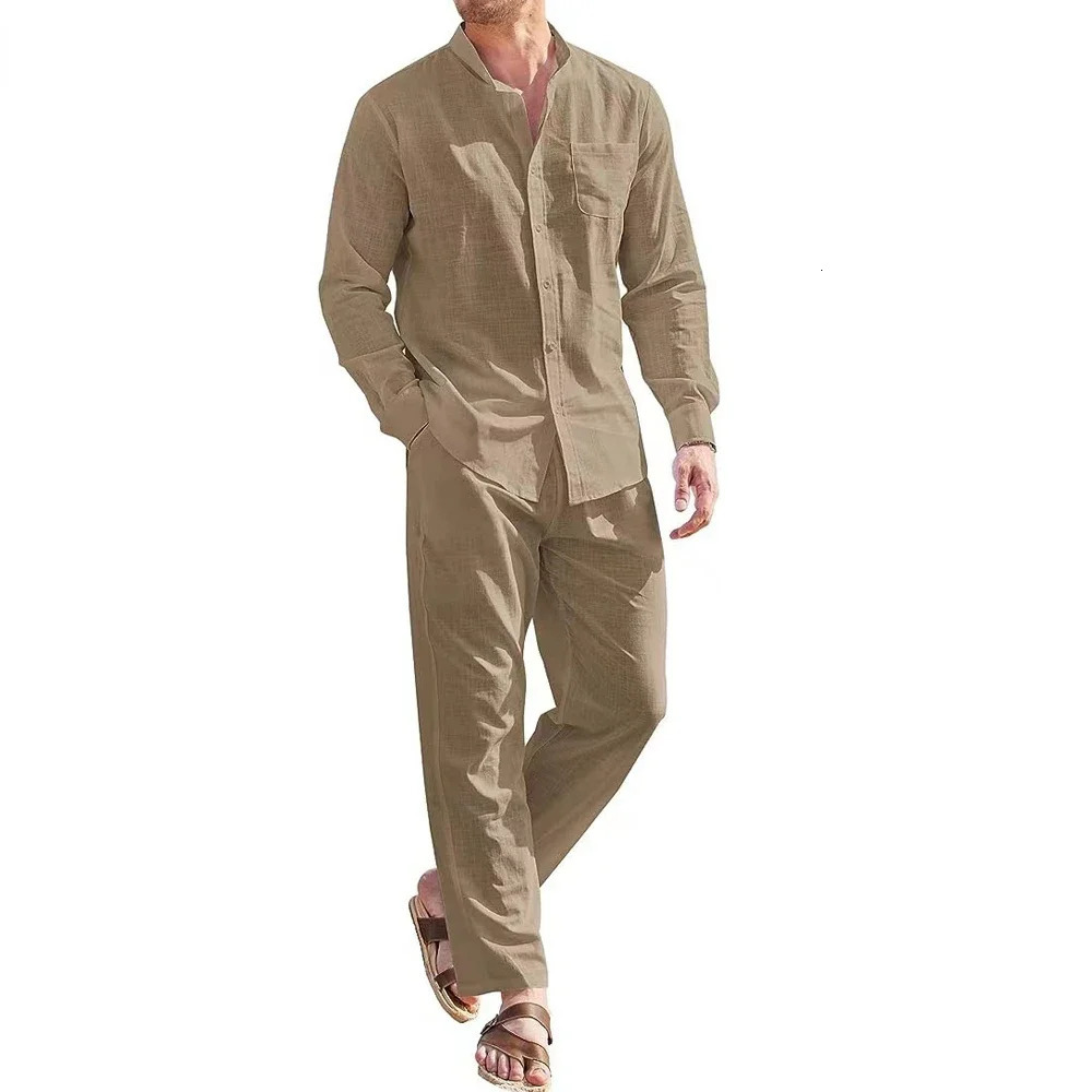 Plus Size Mens Casual Linen Two Piece Sets Europe Style Vintage Basic Tops and Solid Pants Suit Male Beach Tracksuits Set 240614