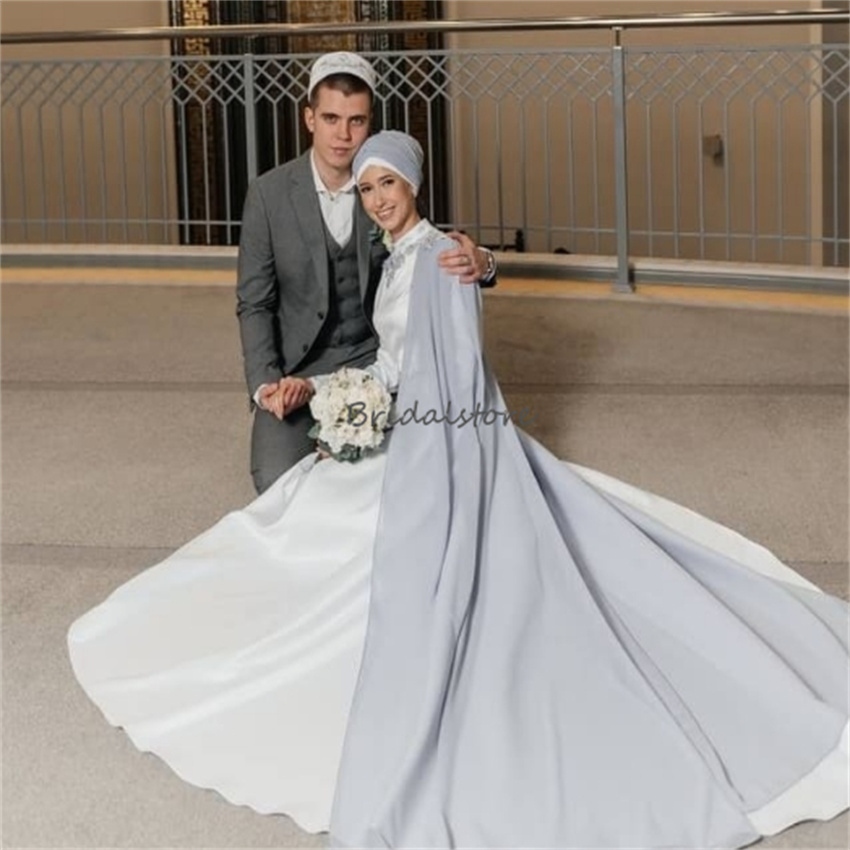 Unique Caucasian Muslim Wedding Dresses 2024 Silver White Moroccan Islamic Bridal Gowns Long Sleeve Whimsical Muslimah Bride Dress Elegant Vestio De N