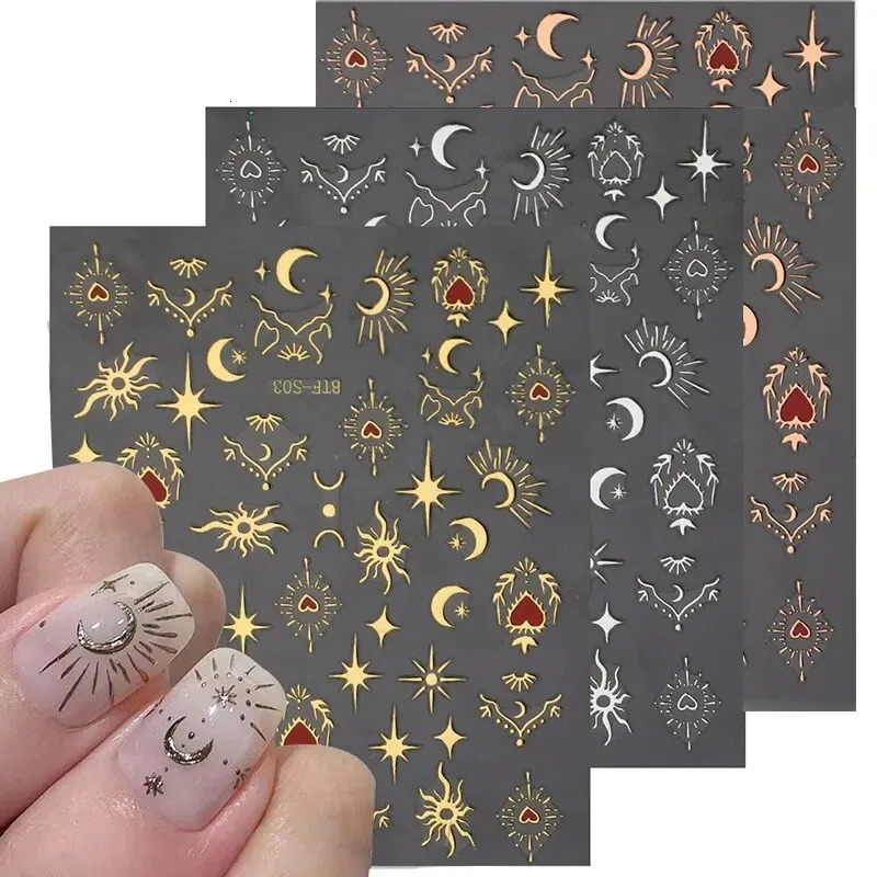 3 3D stickers for nails gold and silver roses gold laser butterfly moon sun adhesive slider DIY nail art sticker accessories 240625