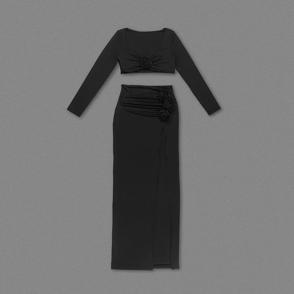 New floral design sexy trend hanging neck patchwork backless slit long skirt set