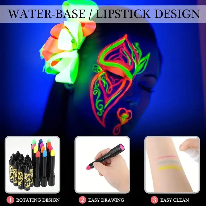 12 Colors Fluorescent Paint Glow Dark Crayon Body Paint Washable Diy Face Painting Crayons Party Halloween Event Makeup Props 240626