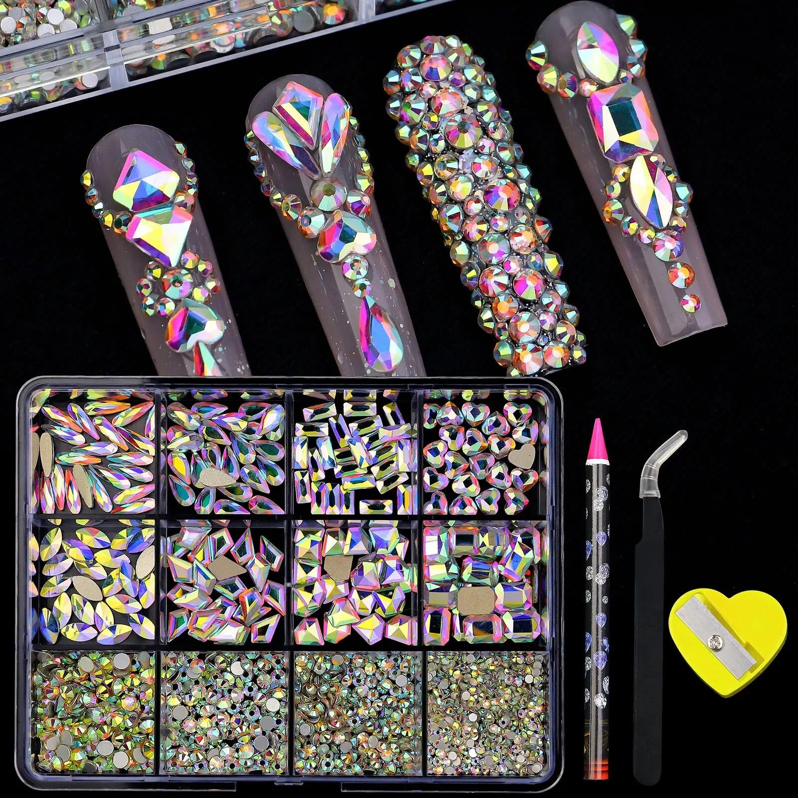 12 Grid 3D Nail Alloy Gem Water Diamond Jewelry Charm Heart Crystal Gem Nail Processing Accessories Nail Ar 240625