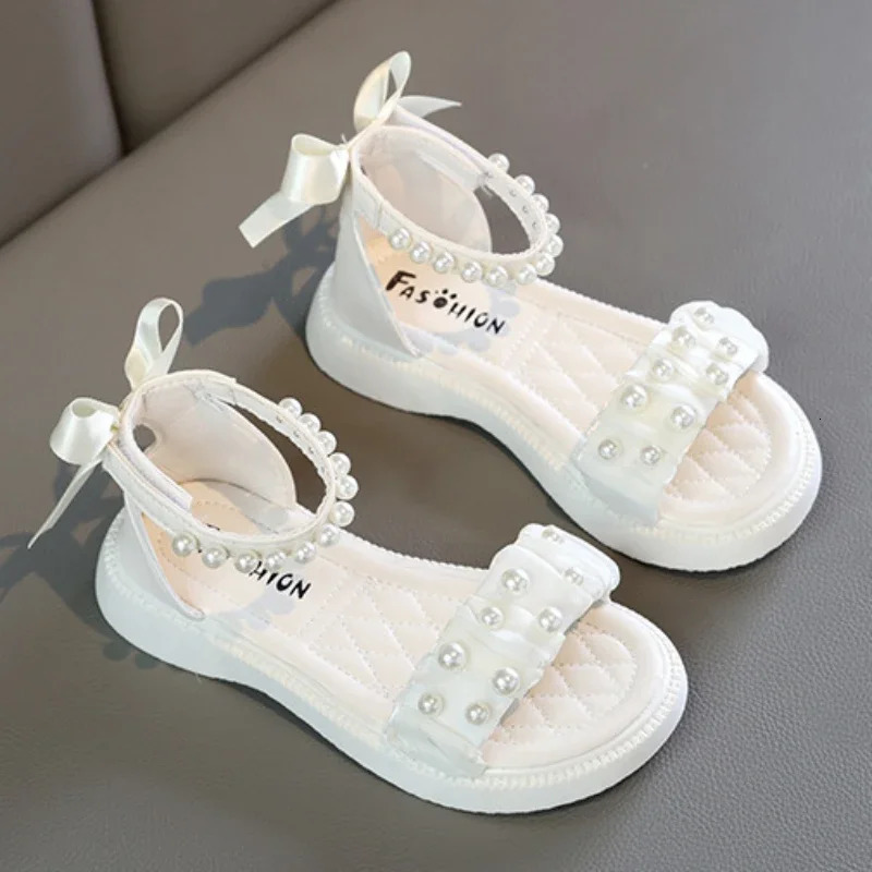 Girl Princess Dress Sandals Summer Chic Bowtie Children Causal Roman Sandals Fashion Pearl Ankle Strap Kid Open-toe Flat Sandals 240621