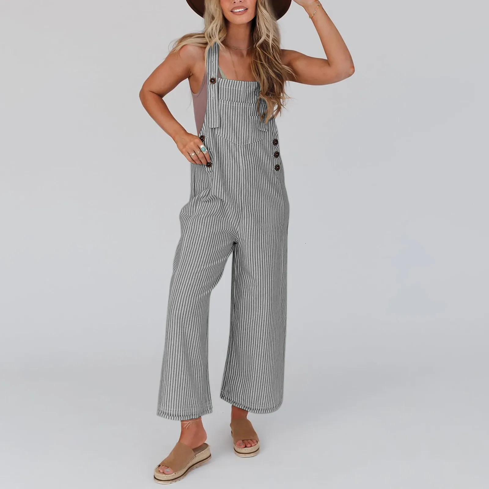 Fashion Women Girls Loose Stripe Jumpsuit Strap Dungaree Wide Leg Trousers Ladies Overall Pants Casual Playsuits Plus Size M-3xl 240626