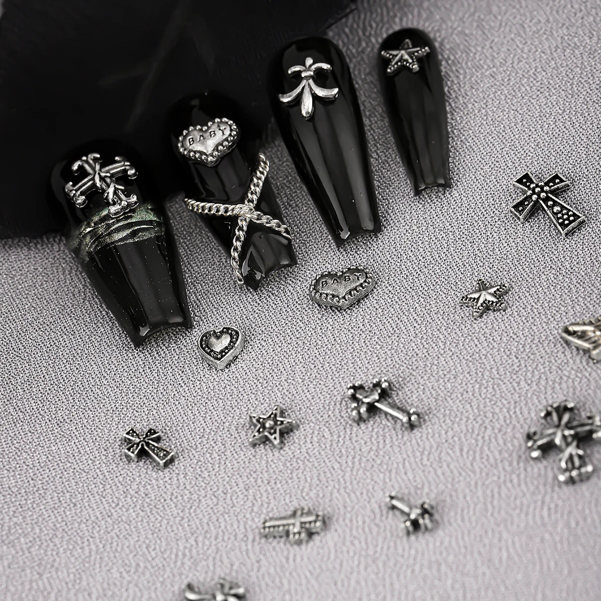 120 pieces/box European and American dark retro style cross nail art patch Y2K high-end metal style heart-shaped nail decoration set 240625