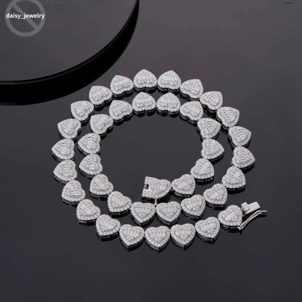 Iced Out Sier Moissanite Necklace Hip Hop Jewelry 12mm Heart Shape Cz Moissanite Tennis Necklace Chain