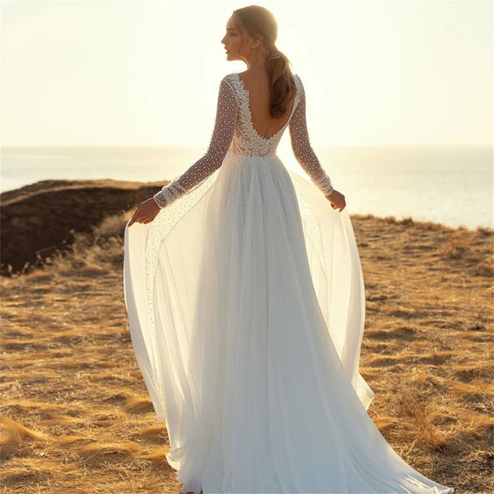 Long Sleeves Beach Wedding Dresses Sexy Backless Sheer V-Neck Sequins Lace Top Ivory A-Line Tulle Boho Wedding Gowns For Bride