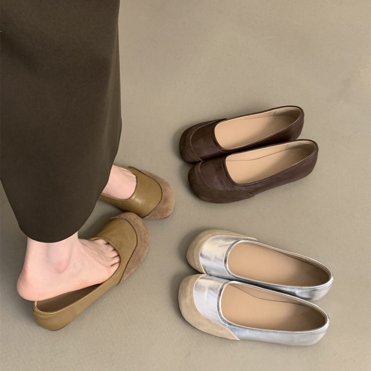Soft and comfortable, Han Fan color-blocked 2024 spring new square head cowhide stitched shallow flat single shoes women sliver