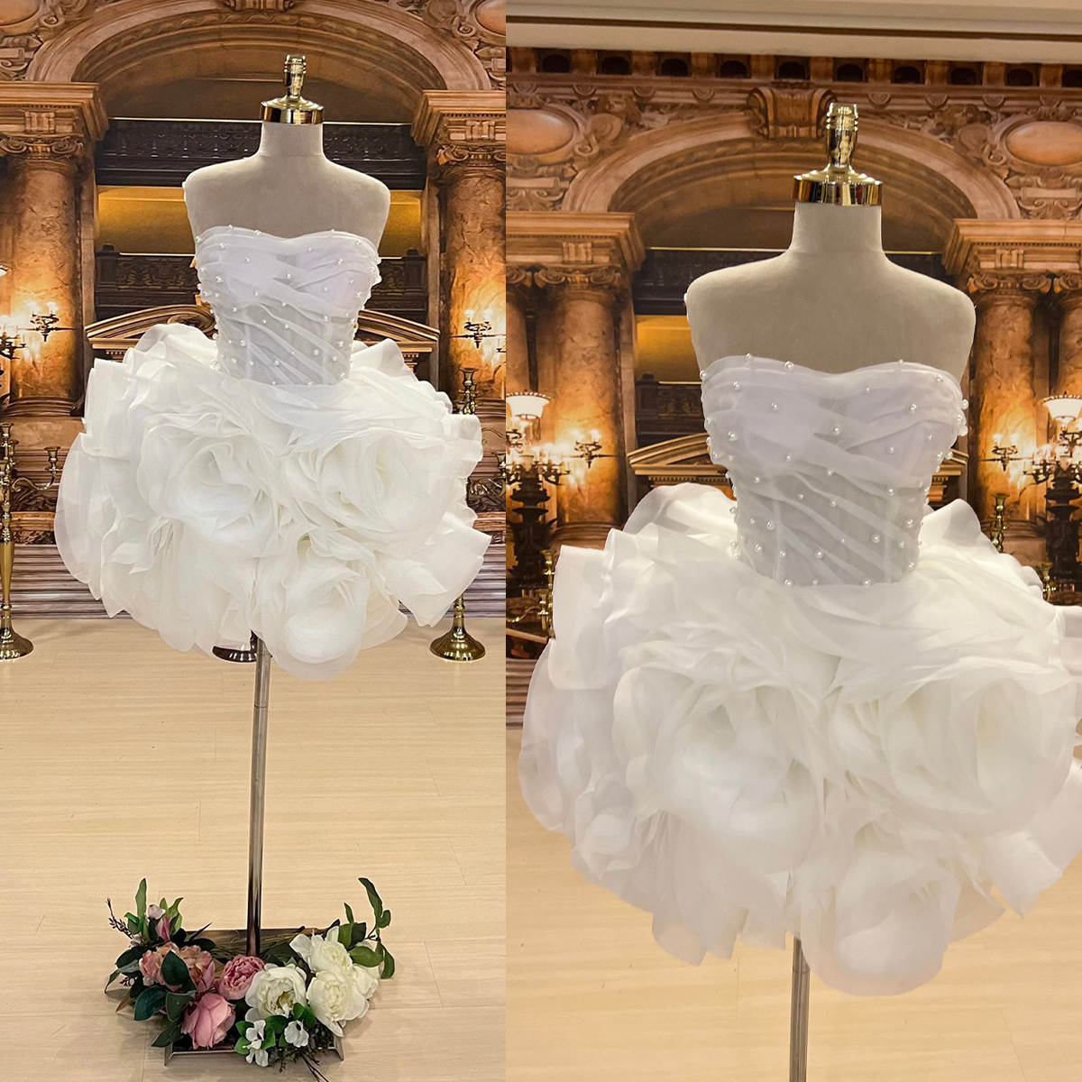 Elegant Mini Wedding Dresses Strapless Beading Tiered Train Bridal Gowns Bohemian Pearls Short Bride Dress