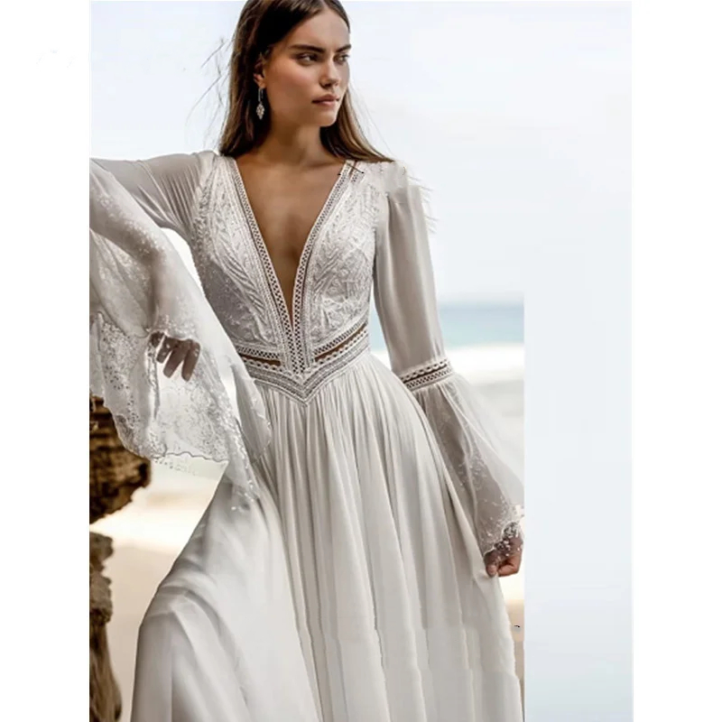 Beach Long Chiffon Wedding Dresses Deep V-Neck Pleats Long Flare Sleeves Boho Bridal Gowns Lace Appliques Backless White Wedding Gown Sweep Train 2024