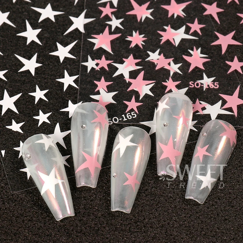 3 pieces of white black star nail stickers irregular pentagonal stickers pink laser shiny flash star pattern decorative slider 240625