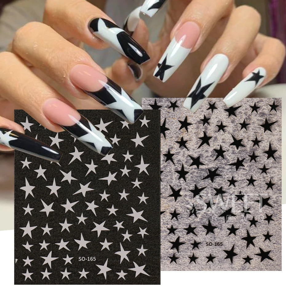 3 pieces of white black star nail stickers irregular pentagonal stickers pink laser shiny flash star pattern decorative slider 240625