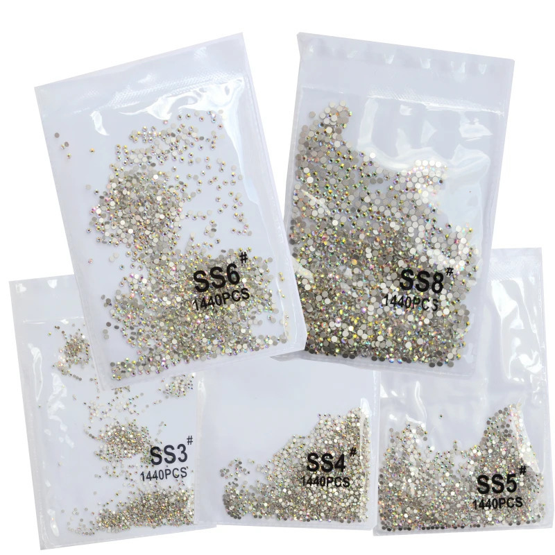SS3-ss8 1440pcs Transparent Crystal AB Gold 3D Heat Free Flat Back Nail Art Rhinestone Decorative Shoes and Dance Decoration 240625