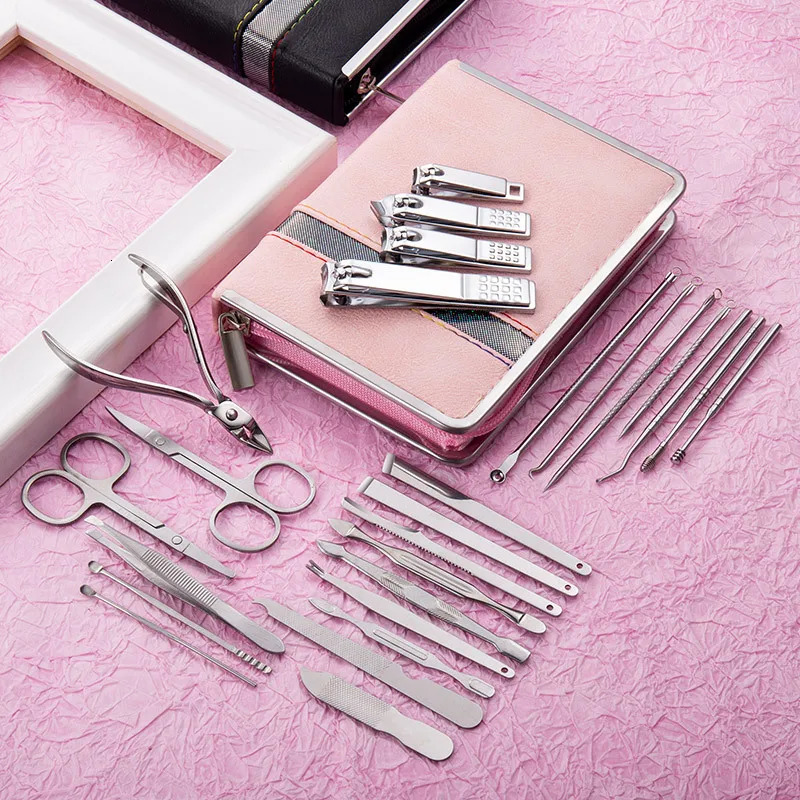 26PCS Stainless Steel Nail Clippers Cuticle Scissors Pedicure Knife for Pedicure Pusher Nail Files Leather Case Manicure Sets 240625