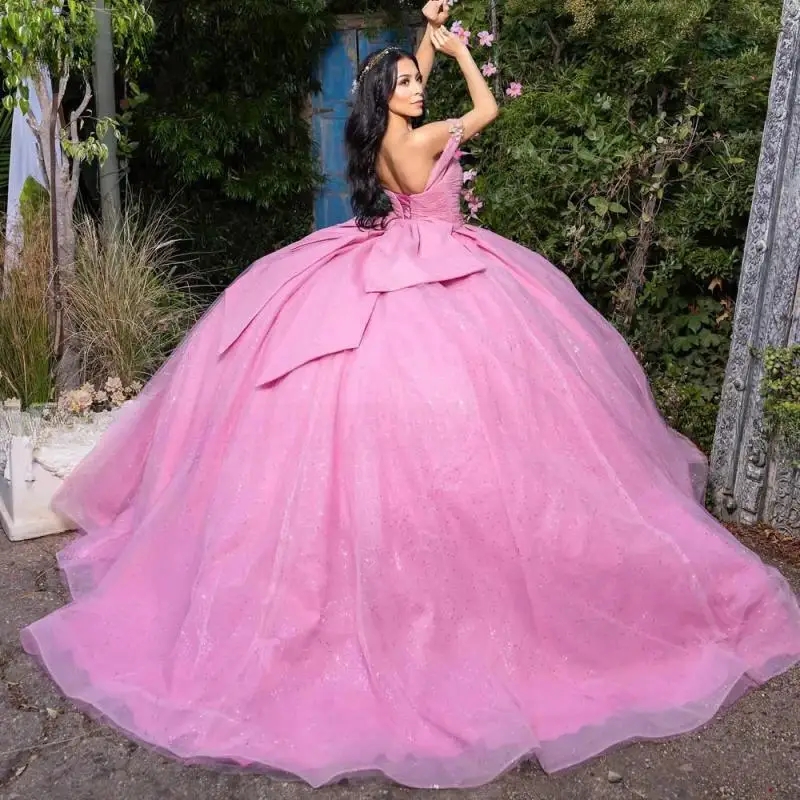 Pink Shiny Quinceanera Dress Off the Shoulder Mexican Sequins Bow Tull Princess Sweet 16 Birthday Ball Gown Vestidos De 15 Anos