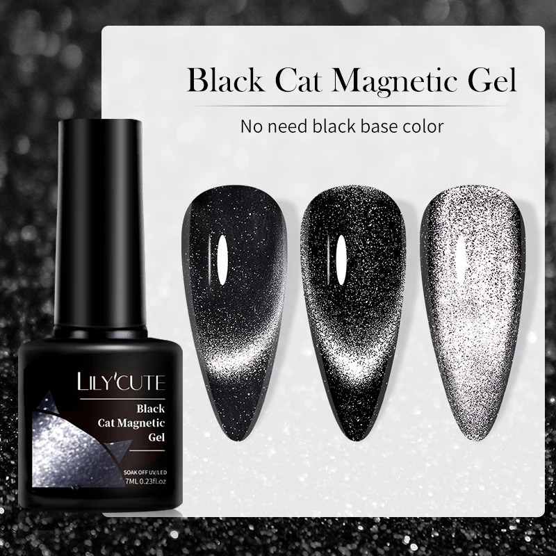 LILYCUTE 7ML Black Crystal Cat Magnetic gel Glitter gel nail polish Semi anent UV gel Nail Art Without Background Color 240625