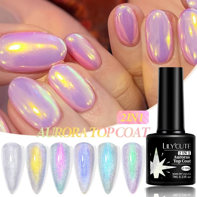 LILYCUTE Auroras Sparking Effect Top Coat Gel Nail Polish Chrome Gold Glitter Soak Off 2 In 1 Function Gel DIY Nail Art Manicure 240625