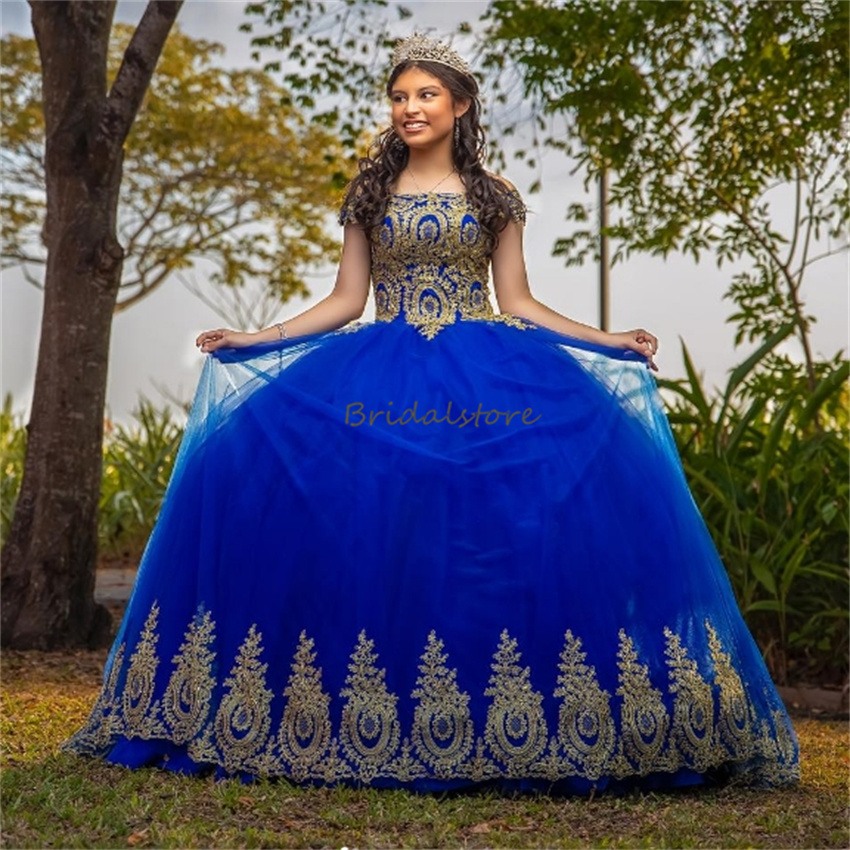 Royal Blue Plus Size Vestidos De 15 Quinceanera 2024 Off Shoulders Ball Gown Masquerade Fifteen Birthday Dress Gold Appliques Elegant Pageant Formal O