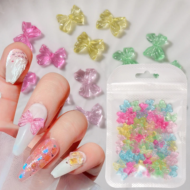 50 Auroras Bowknot 3D Nail Art Decorations Summer Nail Charm Jelly Color Glowing Nail Bow DIY Handle 240625