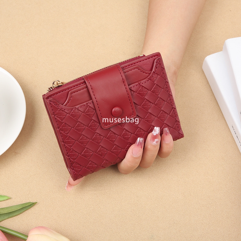 Fashionable Women's High Quality Short Wallet with Woven Pattern and Multiple Card Positions PU Leather Solid Color Simple Large Capacity Change 