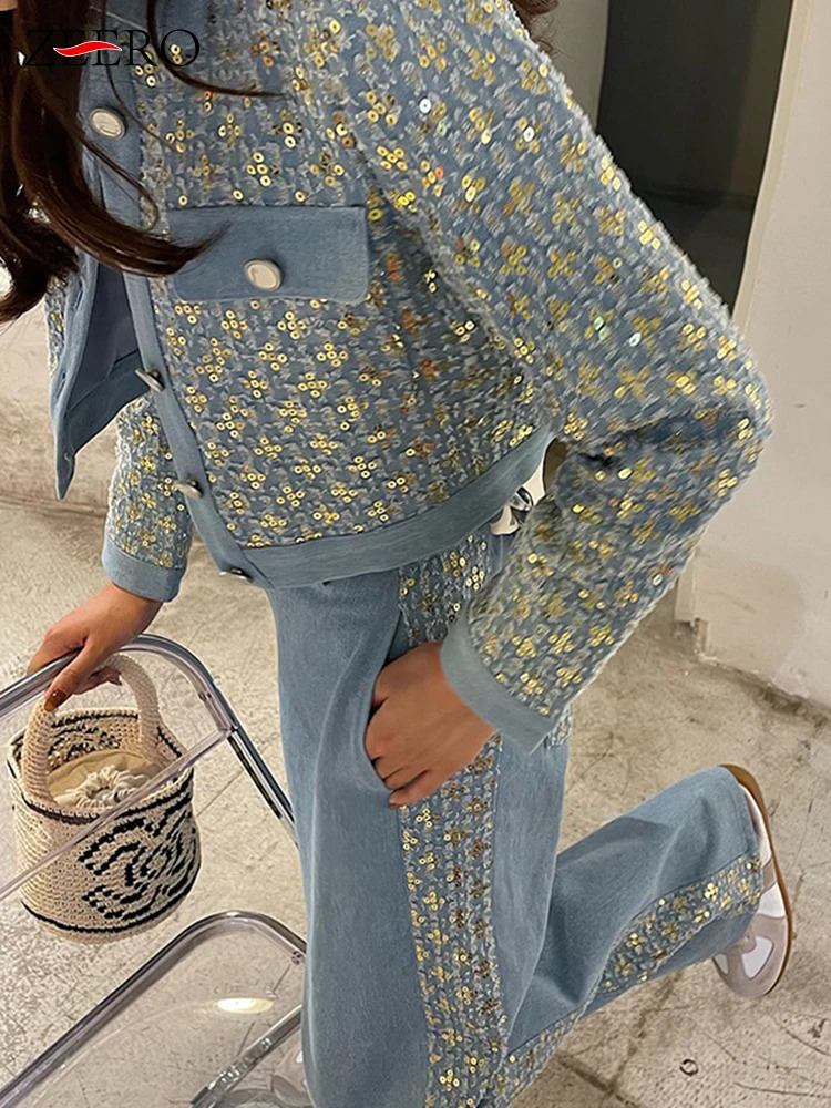 Korean 2 Piece Sets Womens Outfits Shiny Sequins Jean Coat Women Vintage Frayed Denim Jackets Patchwork Wide Leg Pant Sets 240618