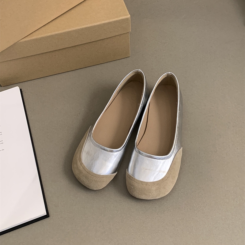 Soft and comfortable, Han Fan color-blocked 2024 spring new square head cowhide stitched shallow flat single shoes women sliver