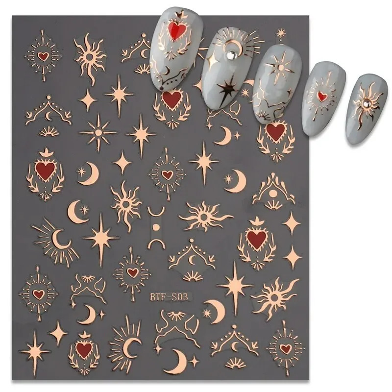 3 3D stickers for nails gold and silver roses gold laser butterfly moon sun adhesive slider DIY nail art sticker accessories 240625