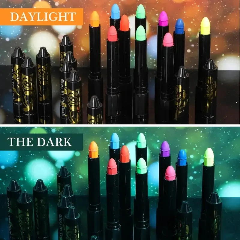 12 Colors Fluorescent Paint Glow Dark Crayon Body Paint Washable Diy Face Painting Crayons Party Halloween Event Makeup Props 240626